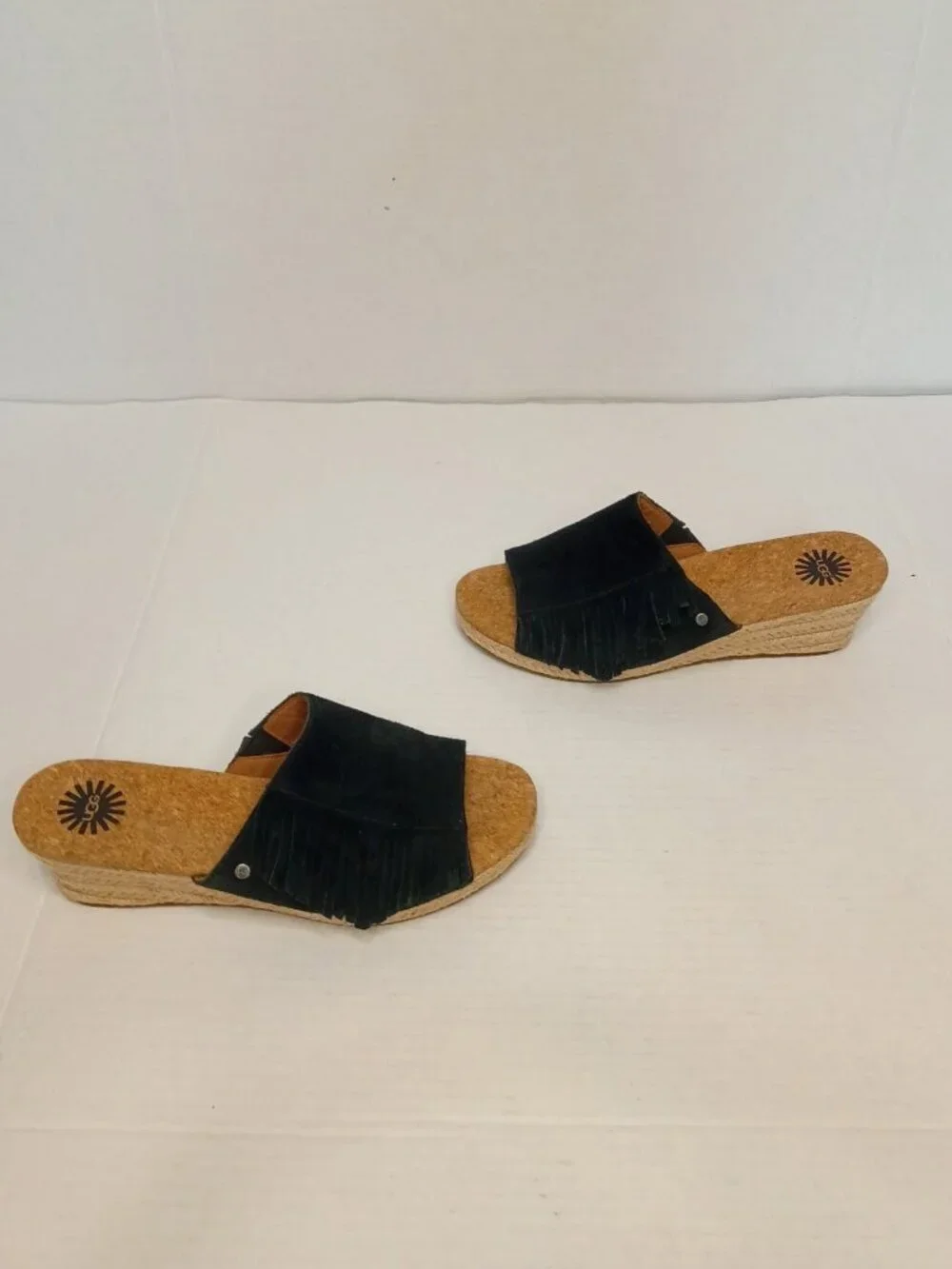 UGG Danes Black Suede Fringe Espadrille Wedge Slides Women’s Size 7